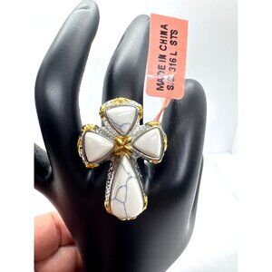 White Howlite Cross Ring Stainless Steel 316L Silver Gold Two Tone Statement